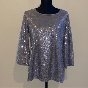 Silver Smokey Gray Sequins Bell Puff Sleeve Top